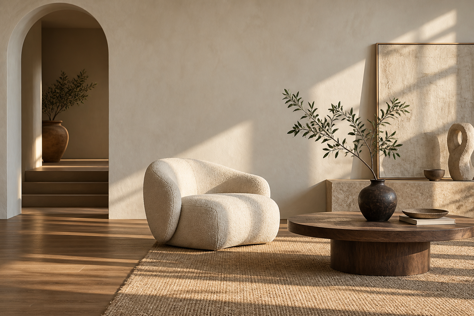 Sunlit room with a sculptural chair and natural materials; concept imagery